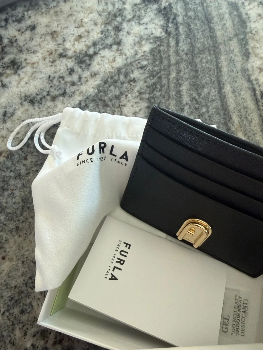 Furla Black Leather Card Holder with Gold Arch Clasp NWT